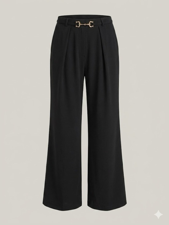 Pants - Black Wide-Leg Dress Pants with Gold Hardware